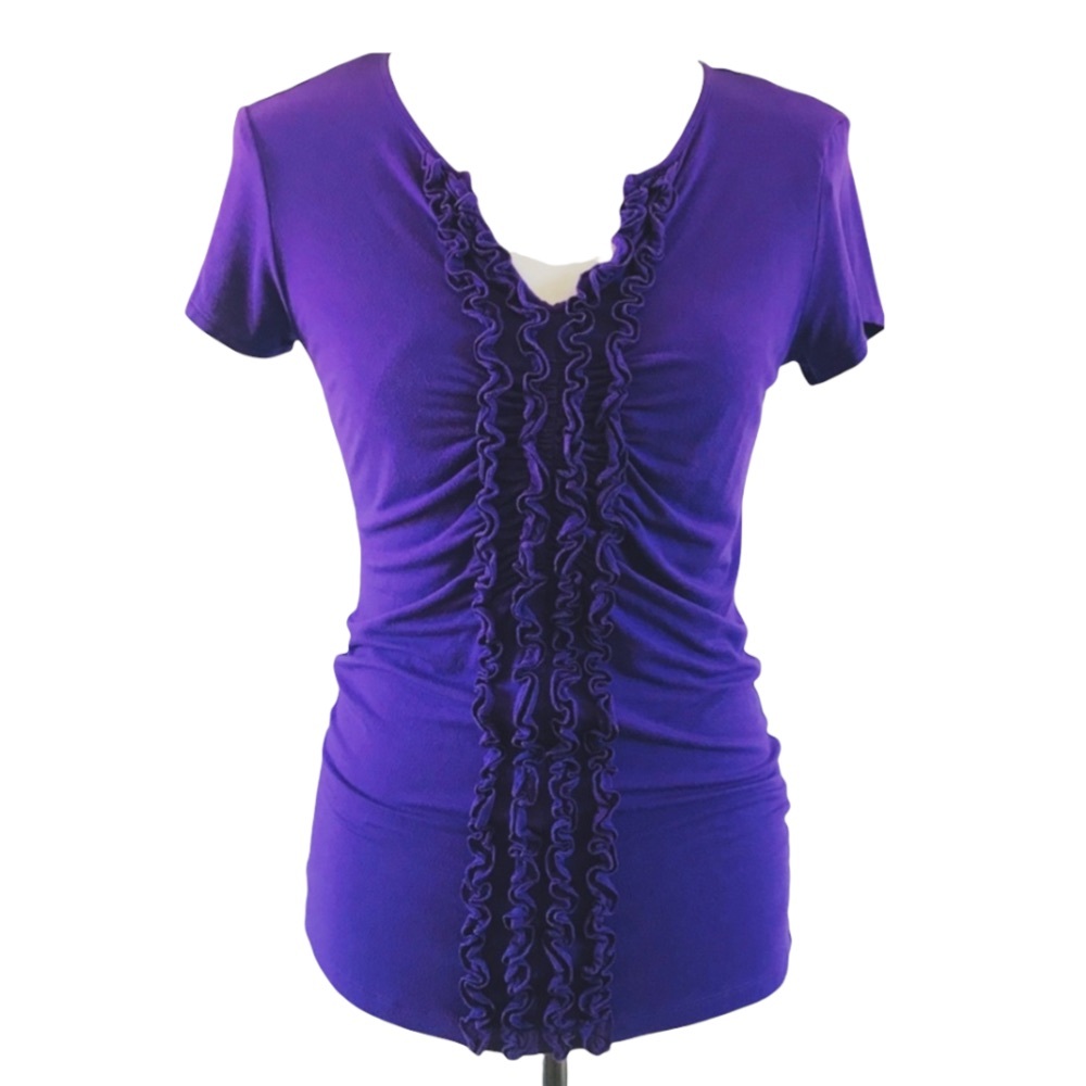 Calvin Klein Purple Short Sleeve Ruffled Front V-Neck Layering Tee Top Small